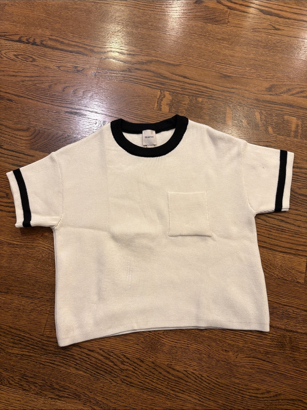 Anthropologie Maeve Short Sleeve Cream Knit sweater with Black Trim, XXS